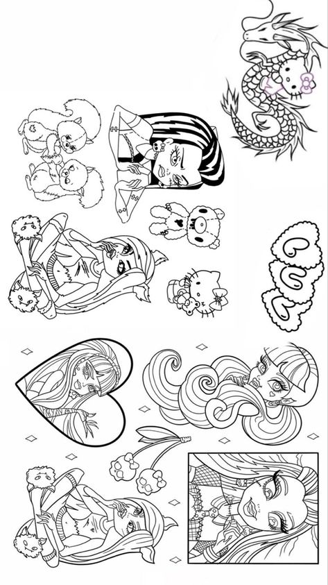 Matching Monster High Tattoos, Monster High Inspired Tattoos, Monster High Doll Tattoo, Monster High Flash Tattoo, Y2k Coloring Pages Aesthetic, Color Flash Tattoo, Monster High Tattoo Ideas, Monster High Drawings, Coraline Coloring Pages