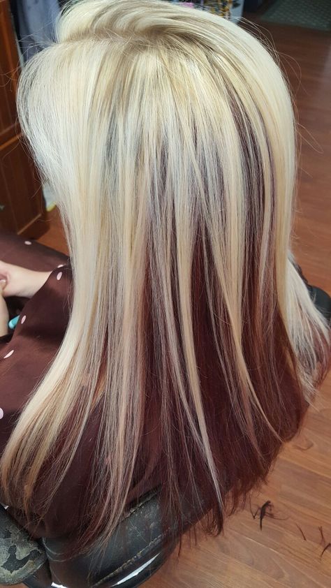 Easy Dyed Hair Ideas, Dark Red Underneath Hair Blonde, Blonde Hair Red Skunk Stripe, Top Layer Of Hair Dyed Blonde, Long Brown Hair With Layers And Blonde Highlights, Top Of Hair Dyed, Dark Brown Hair Underneath Blonde On Top, Blonde Top Layer Dark Underneath, Red And Blonde Streaks