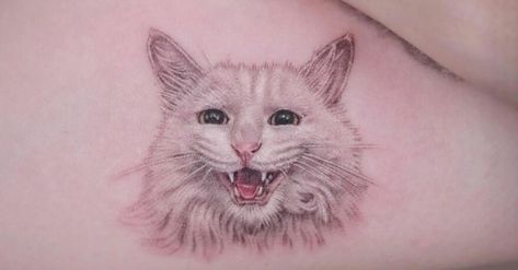 White cat portrait with mouth open tattoo Cat Tattoo Long Hair, Mouth Open Tattoo, White Cat Tattoo, Open Tattoo, Eclipse Tattoo, Hot Rod Tattoo, Collage Tattoo, Greek God Tattoo, Roman Tattoo