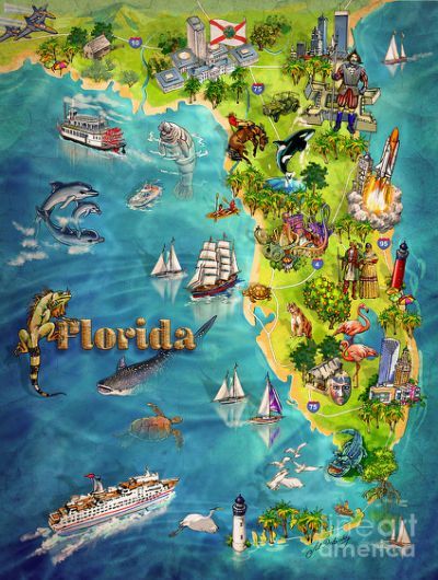 Florida Themed Tattoos, Map Of Florida Beaches, Themed Tattoos, Florida Poster, Montana Vacation, Map Illustration, Florida Art, Map Of Florida, Tourist Map