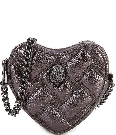 From Kurt Geiger London, the Micro Gunmetal Leather Heart Crossbody Bag features:Leather exteriorZip closure with eagle head drench detailSynthetic liningSingle chain strap with gunmetal detailApprox. 4.72" W x 3.93" H x 1.18" D bag; 24.4" strap dropImported. Kurt Ginger, Micro Kurt Geiger, Kurt Geiger Bag, Heart Crossbody Bag, Marc Jacobs Snapshot Bag, Grey Purse, Dope Jewelry Accessories, Leather Heart, Cheap Purses