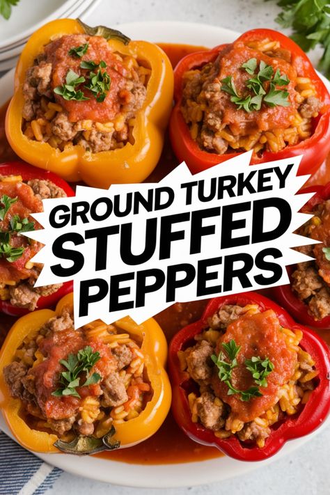 Ground turkey stuffed peppers topped with tomato sauce and parsley. Stuffed Peppers With Turkey Meat, Stuffed Pepper Recipes Healthy, Ground Turkey Stuffed Peppers No Rice, Stuffed Turkey Peppers, Make Ahead Stuffed Peppers, Easy Ground Turkey Dinner Recipes, Ground Turkey Meal Ideas, High Protein Stuffed Peppers, Low Fat Ground Turkey Recipes