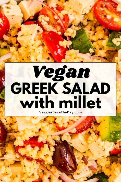 Take your Greek salad to another level with this Vegan Greek Salad with Millet recipe! It has all the Mediterranean flavors of the classic with the addition of hearty whole grains. Save this pin and follow for more easy vegan Mediterranean diet recipes!