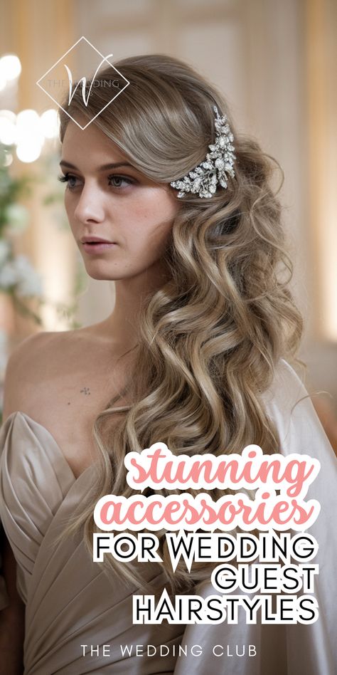 Elevate your wedding guest hairstyle with the perfect accessory! This guide showcases 40+ wedding guest hairstyles for long hair, using accessories like floral pins, pearl headbands, and jeweled clips. Whether you want a subtle touch or a bold statement, these accessories will enhance your look and make your hairstyle stand out. Click for inspiration and styling tips! #weddinghairaccessories #longhairhairstyles Hair Štýle Wedding Guest, Hairstyles For Long Hair Easy, Guest Hairstyles, Wedding Guest Hairstyles, Floral Pins, Hair Easy, Elegant Updo, Soft Curls, Pearl Headband