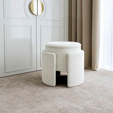 FABS Fabric Storage Stool - Soft Bouclé Fabric, Round Foot Stool with Storage for Bedroom Decor - Comfortable Ottoman Footstool Upholstered in White - Sturdy Material, Compact Design, 40 x 54 x 46cm Round Accent Chair, Dressing Room Chair, Vanity Seating, Dresser Stool, Bedroom Stool, Dressing Table Chair, Bedroom Ottoman, Bedroom 2024, Beauty Space