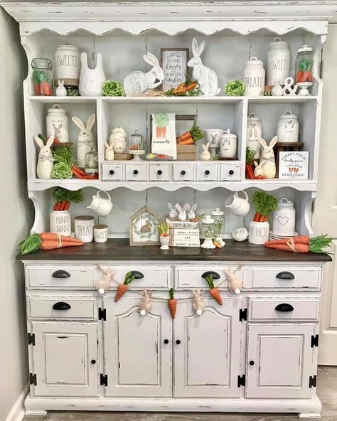 The Thief On The Cross, Thief On The Cross, Hutch Decorating Ideas, China Cabinet Decor, China Hutch Decor, Cozy Home Design, Hutch Display, Painted Hutch, Rustic Easter Decor