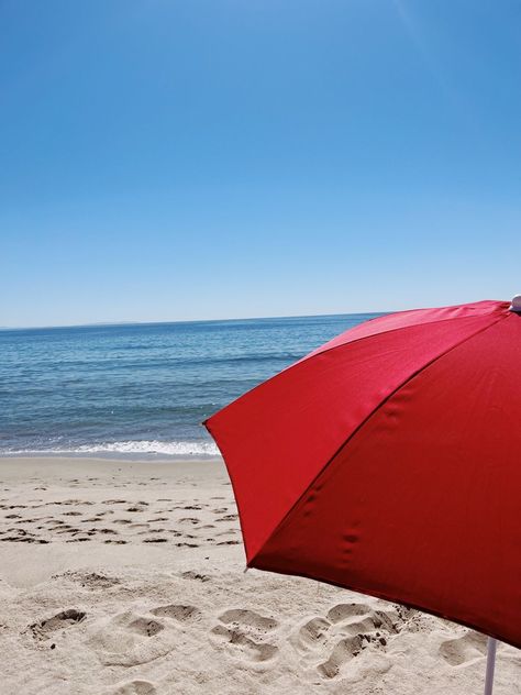 Red Beach Aesthetic, Red Beach Umbrella, July Background, Red Beach, Red Umbrella, Red Cups, Blue Beach, Beach Umbrella, Aesthetic Themes