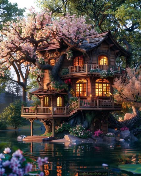 Fantasy Guild, Spring Faerie, Magical Tree House, Fantasy Tree House, Fantasy Treehouse, Enchanted House, Tiny Glade, Fairy Tale House, House For Kids