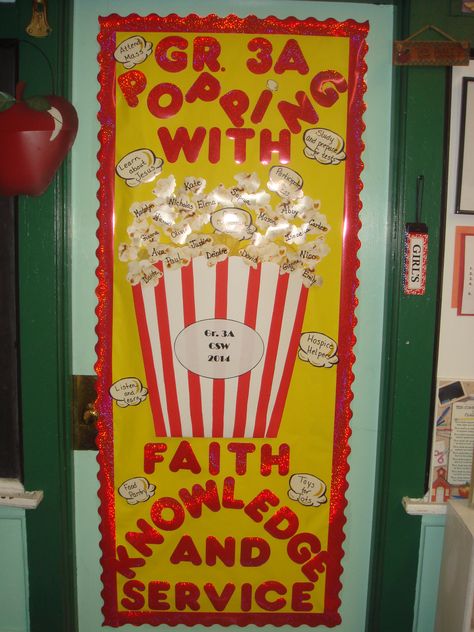 Catholic Schools Week Catholic Schools Week Bulletin Board, Catholic Schools Week Activities, Third Grade Lesson Plans, Religious Bulletin Boards, Catholic Kids Activities, Popcorn Theme, Religion Activities, Catholic Schools Week, Church Doors