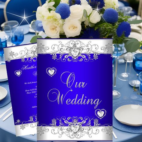 Royal blue Wedding Silver White Diamond Hearts Invitation Blue And Silver Wedding, Royal Blue Wedding Theme, Royal Blue Wedding Invitations, Silver Wedding Theme, Blue Wedding Stationery, Heart Wedding Invitations, Traditional Invitation, Grey Wedding Invitations, Silver Wedding Invitations