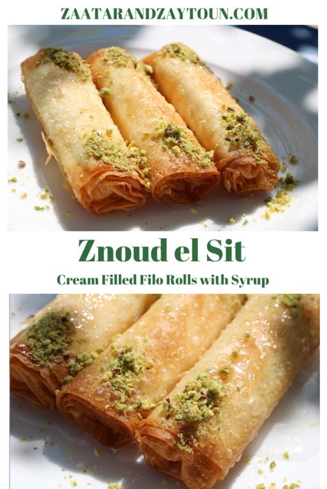 Znoud El Sit, Lebanese Desserts Recipes, Lady Fingers Dessert, Phyllo Rolls, Lebanese Sweets, Egyptian Recipes, Pastry Rolls, Lebanese Desserts, Middle East Food