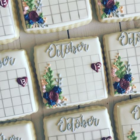 Calendar Cookies Save The Date, Save The Date Cookies, Calendar Cookies, Cookie Flooding, Wedding Shower Cookies, Cookies Wedding, Date Cookies, Wedding Calendar, Cookie Decoration