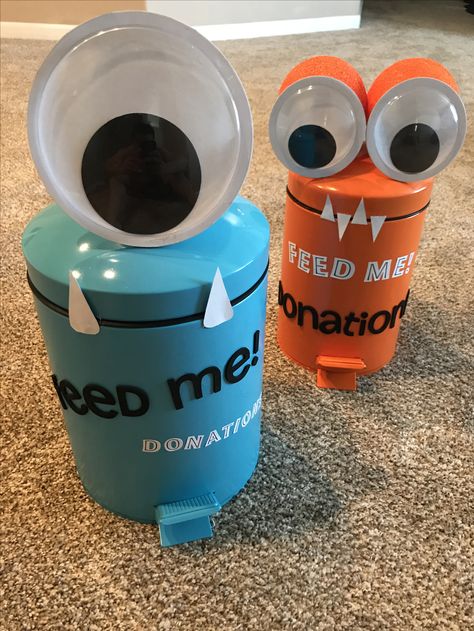 DIY Monster Donation Containers made with Garbage Cans Donation Containers Ideas, Creative Donation Boxes Ideas, Donation Jar Ideas, Donation Box Ideas Diy, Donation Boxes, Garbage Waste, Diy Monsters, Environmental Management, Donation Box