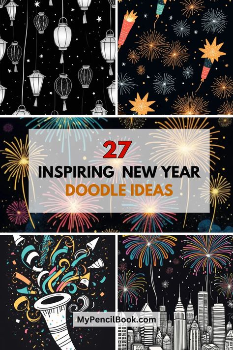 27 Inspiring New Year Doodle Ideas New Year’s Eve Window Painting, New Years Window Art, New Year Window Art, New Year’s Eve Painting Ideas, New Year Sketch Ideas, Happy New Year Drawing Ideas 2025, Happy New Year Doodle Art, New Years Eve Drawing Ideas, New Year Canvas Painting Ideas