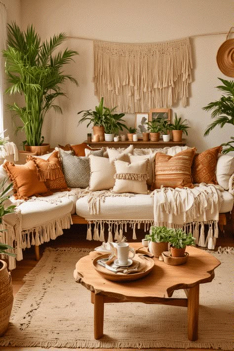 Sofa Boho Style, Boho Summer Decor, Sofa Boho, Southwestern Living Room, Room Decor Ideas Aesthetic, Easter Porch Decor, Easter Porch, Bohemian Bedroom Design, Leather Couches Living Room