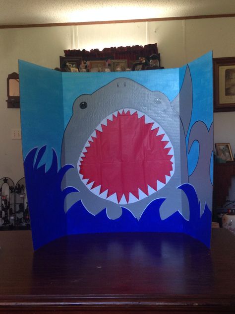 Shark week photo booth. Shark Photo Booth Diy, Shark Photo Booth, Shark Backdrop, Photo Booth Diy, Whale Party, Booth Diy, Shark Photos, Diy Photo Booth, Shark Party