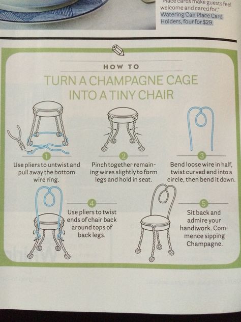 Champagne cage to tiny chair, brilliant. Now if only there were tiny people with tiny butts. Fairy Garden Books, Champagne Chairs, Homemade Bird Houses, Fairy House Crafts, Champagne Corks, Fairy Furniture, Wine Cork Crafts, Holiday Table Settings, Victorian Dolls