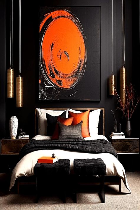 Bedroom design with a dominant black theme and a striking orange circular artwork. Rust Bedroom Ideas, Black And Rust Bedroom, Orange Accents Living Room, Rust Bedroom, Black Wallpaper Bedroom, Black White And Grey Bedroom, Goth Bedroom Ideas, Burnt Orange Bedroom, Black And Grey Bedroom