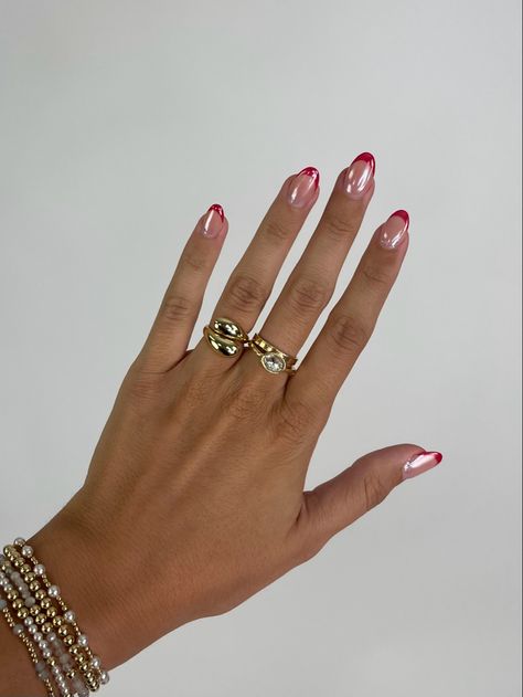 Red French Tip With Chrome Nails, Chrome Red Tips Nails, Chrome French Tip Nails Christmas, Red French Tip Chrome Nails Almond, Red Chrome Christmas Nails French, Xmas Nail Inspo 2023, Red Tip With Chrome, Chrome Red Tip Nails, 2023 Xmas Nails