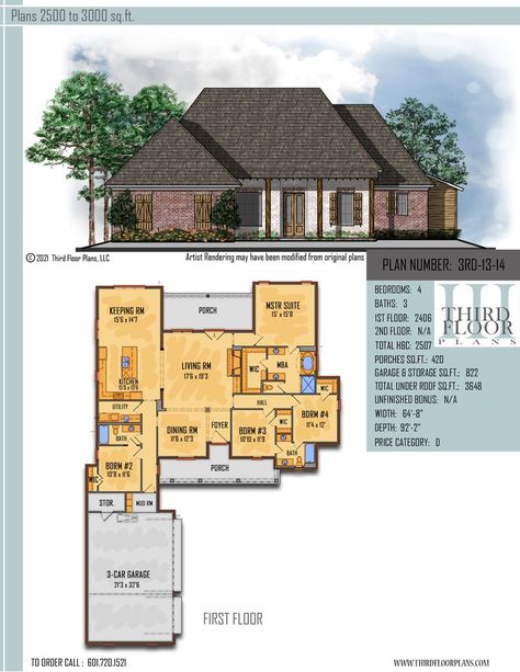 $800.00 House Plan 9 sets Acadian Cottage, Large Front Porch, Master Suite Bedroom, Bedroom Porch, Walk In Closets, Porch Flooring, Craftsman Style House Plans, Keeping Room, Open Concept Kitchen