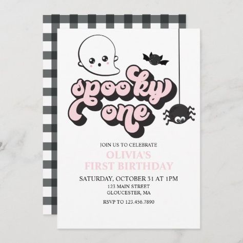 $2.98 | Spooky One Halloween 1st Birthday Invitation | Halloween Birthday Invitations | halloween birthday, halloween invite, children, kids, spooky one, halloween first birthday, ghost, bat, spider, pink Unique Halloween Party Ideas, Birthday Ghost, Scary Halloween Invitations, Halloween Invitations Kids, Kids Halloween Party Invitations, Halloween First Birthday, Halloween 1st Birthdays, Spooky One, Halloween Invite