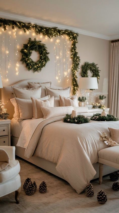 Upgrade your holiday vibe with cozy and festive Christmas bedroom decor ideas featuring plaid, twinkle lights, and soft textures. White And Gold Christmas Decor Bedroom, Guest Bedroom Christmas Decorating Ideas, Girly Christmas Bedroom, Decorating Kids Room For Christmas, Small Bedroom Christmas Decor, Aesthetic Christmas Decor Bedroom, Christmas Kids Room, Cozy Christmas Bedroom, Christmas Bedroom Decor Ideas