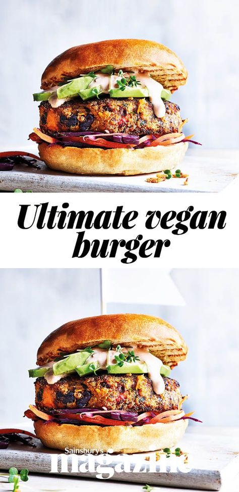 Our ultimate vegan burger is made with black beans and sweet potatoes. Just add a side serving of potato wedges Best Vegan Burger Recipe, Homemade Vegan Burgers, Sweet Potato Vegan, Black Bean And Sweet Potato, Bean And Sweet Potato, Sweet Potato Burgers, Vegan Burger Recipe, Veggie Burgers Recipe, Vegetarian Burger