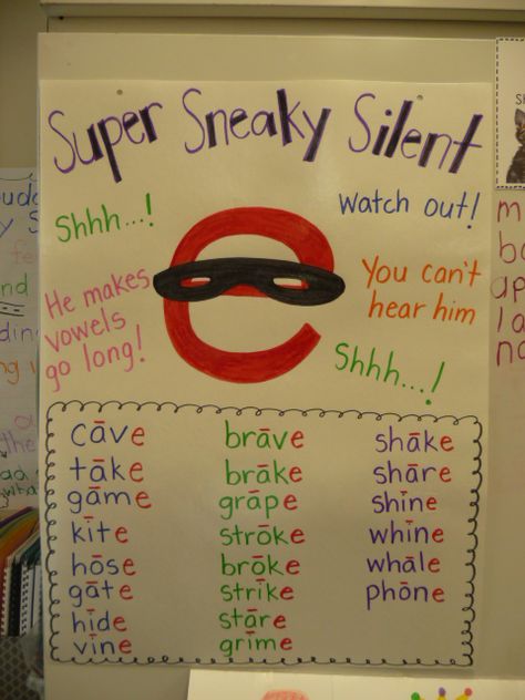 Super Sneaky Silent e chart... Love how Peyton gets excited about the bossy (sneaky) e! Sneaky E Anchor Chart, Silent E Anchor Chart, Sneaky E, Kindergarten Anchor Charts, Silent E, Classroom Anchor Charts, Phonics Rules, Reading Anchor Charts, Magic E