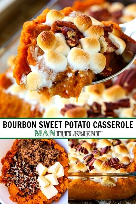 This Bourbon Sweet Potato Casserole is one of our favorite Thanksgiving recipes! Easy to make and can be made ahead of time! #thanksgivingsides #sidedishes #sweetpotatocasserole #casserolerecipes #sweetpotatoes Sweet Potatoes Casserole, Thanksgiving Dinner Ideas Side Dishes, Thanksgiving Recipes Easy, Thanksgiving Recipes Turkey, Sweet Potato Marshmallow Casserole, Thanksgiving Recipes Side Dishes Veggies, Turkey Side Dishes, Thanksgiving Recipes Side Dishes Easy, Best Stuffing Recipe