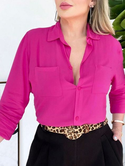 Pink Casual,elegante Collar Manga Comprida Tecido Simples Camisa Embellished Elasticidade Baixa Primavera / Outono Pink Blouses Outfit, Blouse Outfit Work, Color Blocking Outfits, Camisa Social, Women Long Sleeve Dress, Blouse Outfit, Long Sleeve Shirt Dress, Pink Blouse, Daily Fashion