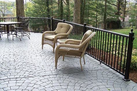 concrete patio with railings | Railing idea: Cement Decks, Patio Idea, Patio Living, Google Search ... Concrete Patio Railing, Patio Railing Ideas, Colored Stamped Concrete, Ideal Backyard, Backyards Ideas, Iron Pergola, Concrete Patio Makeover, Patio Floor, Patio Railing