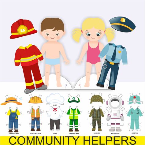 Firefighter Paper Doll, Paper Dolls Coloring Pages, Community Helpers Activity, Dolls Coloring Pages, English Preschool, Engineer Clothes, Community Helpers Worksheets, Trash Collector, Printable Paper Dolls