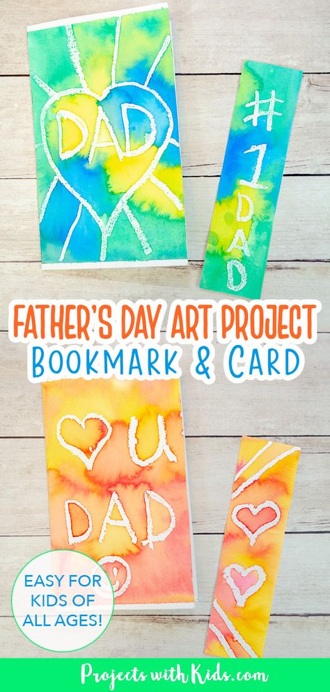 Watercolor resist card and bookmark set for Father's Day for kids to make. Kids Craft Fathers Day, Fathers Day Card Ideas From Kids, Easy Fathers Day Crafts For Kids, Fathers Day Cards For Kids, Fathers Day Card From Kids, Diy Father's Day Cards, Art Kindergarten, Handmade Father's Day Gifts, Dad Crafts