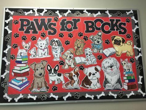 Paws for Books Library Bulletin Board Scholastic book fair Spring 2018 Dog Bulletin Board, Dog Classroom, Decorations For Spring, Book Fairs, Fair Theme, Scholastic Book Fair, Reading Month, School Door Decorations, Library Book Displays