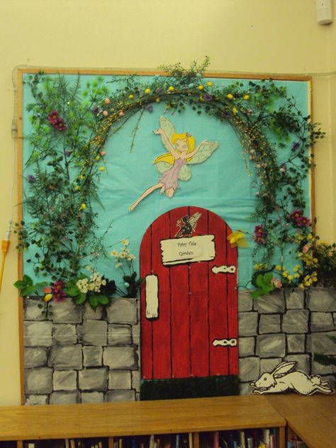 fairy garden bulletin board library display (thinking I may be able to make something similar) Fantasy Bulletin Board Ideas, Secret Garden Bulletin Board, Fairytale Library Display, Fairy Tale Library Display, Fairy Bulletin Board, Fairy Tale Bulletin Board Ideas, Enchanted Forest Bulletin Board, Fairytale Bulletin Board Ideas, Fairy Classroom