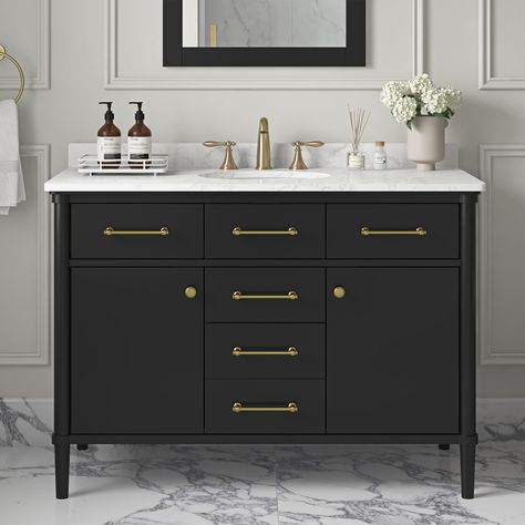 Bathroom Vanity 60”, Dark Cabinets Bathroom Ideas, Black Bathroom Vanity With Gold Hardware, 60" Vanity Double Sink, Athena Calderone Bathroom, Antique Vanity Bathroom, Black And White Bathroom Ideas Modern, Bathroom Black Cabinets, Dark Cabinets Bathroom