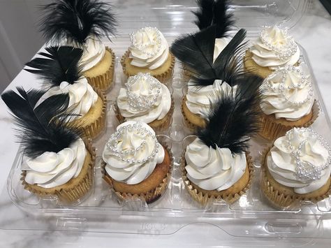 Eat-Desserts on Instagram: “#GreatGatsby #Themed #Desserts #Cakepops #RiceKrispies #Cupcakes #Feathers #Pearls #Black #White #Gold”