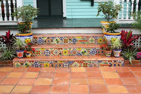 Tiled Front Steps Mediterranean Staircase, Outside Tiles, Front Porch Steps, Front Door Steps, Front Stairs, Tile Steps, Santa Barbara Style, Patio Steps, Staircase Ideas