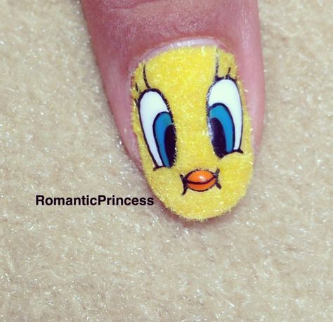 I love tweetie🐣💕 Velvet Nail Art, Comic Nail Art, Disney Christmas Nails, Disney Nail Designs, Disney Inspired Nails, Kids Nail Designs, Self Nail, Cute Nail Polish, Velvet Nails