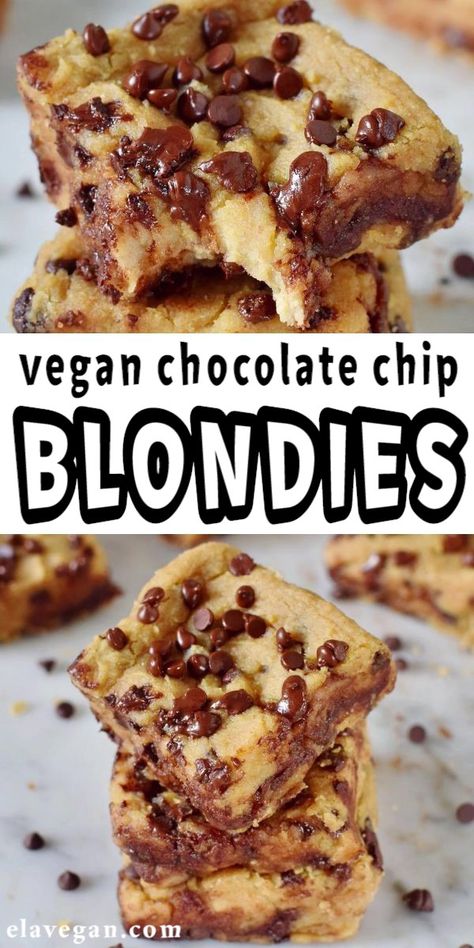 These easy to make vegan chocolate chip blondies are so gooey, soft, moist, rich, and yummy! The recipe is gluten-free, grain-free, oil-free, protein-rich, healthy and can be made nut-free! #vegan #glutenfree #blondies #blondiebars #chocolatechips #dessert #breakfast | elavegan.com Healthy Vegan Dessert, Vegan Blondies, Superbowl Recipes, Cookie Brownies, Chocolate Chip Blondies, Dairy Free Chocolate Chips, Easter Desserts, Blondies Recipe, Vegan Peanut Butter