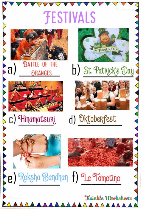 This worksheet is about learning some important festivals around the world. With the help of images learn the name of the festivals. Have fun learning with us!. Around The World Crafts For Kids, Festival Names, Pattern Worksheet, Celebration Around The World, Festivals Around The World, Barbie Clothes Patterns, International Festival, English Activities, World Crafts