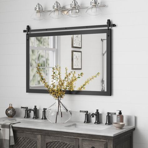 Accent Bathroom, Farmhouse Bathroom Mirrors, Best Bathroom Lighting, Rustic Vanity, Farmhouse Mirrors, Bathroom Mirror Frame, Rustic Bathroom Vanities, Black Vanity Light, Wood Wall Mirror