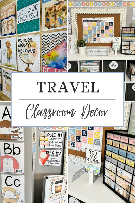 Looking for a travel, adventure or outdoor class decor theme? This classroom décor bundle will go perfectly in a travel, adventure, outdoor, or exploration themed classroom. I love that the color scheme isn't too bright and can match other styles (wood backgrounds, etc.). There are a ton of printable and editable decor pieces in this bundle to help make your classroom more beautiful. Adventure Awaits Classroom Theme, Class Library Ideas, Travel Classroom Decor, Secondary Classroom Decor, Reading Nook Classroom, Travel Classroom, Multicultural Classroom, Multicultural Activities, Travel Theme Classroom