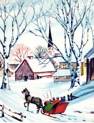 Horse Drawn Sleigh, Snow Christmas Cards, One Horse Open Sleigh, Vintage Holiday Cards, Greeting Card Art, Vintage Christmas Greeting Cards, Christmas Church, Vintage Christmas Card, Falling Snow