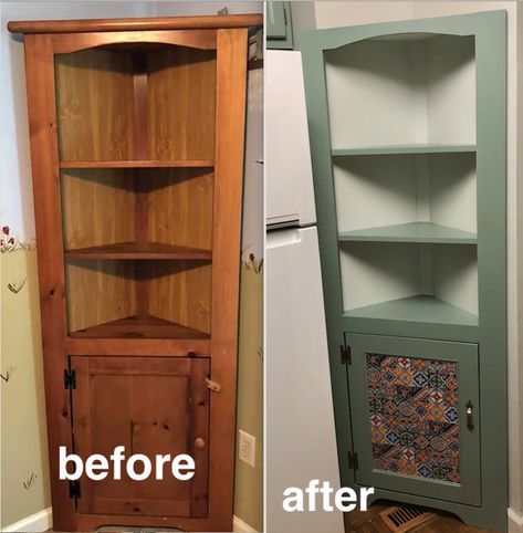 Corner Shelf Refurbished, Redo Corner Cabinet, Redone Corner Cabinet, Corner Cabinet Makeover Ideas, Corner Hutch Decor, Corner Unit Upcycle, Stacked Tile Backsplash, Corner Cabinet Makeover, Cupboard Colours