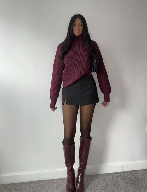 Burgundy Boots Outfit Women, Maroon Knee High Boots Outfit, Burgundy Stockings Outfits, Burgundy Boots Outfit Winter, Burgundy Knee High Boots Outfit, Maroon Boots Outfit, Outfit With Red Boots, Fold Over Boots Outfit, Over Knee Boots Outfit