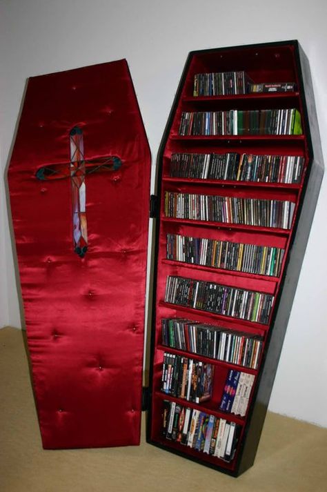 Lifesize coffin CD holder. Cool Shelves Ideas, Cd Holder Diy, Cd Holder Aesthetic, Cd Case Aesthetic, Oddity Wall, Holder Band, Dungeon Room, Gothic Decor Bedroom, Cd Diy