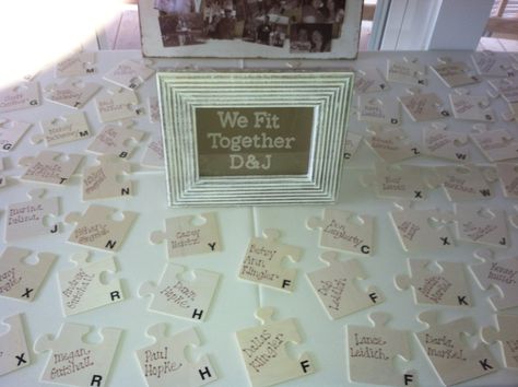 Puzzle piece name assignment cards. Game themed wedding Game Themed Wedding, Byron Wedding, Wedding Puzzle Pieces, Puzzle Wedding, Fair Wedding, Wedding Puzzle, Wedding Planning On A Budget, Reception Food, Cards Game