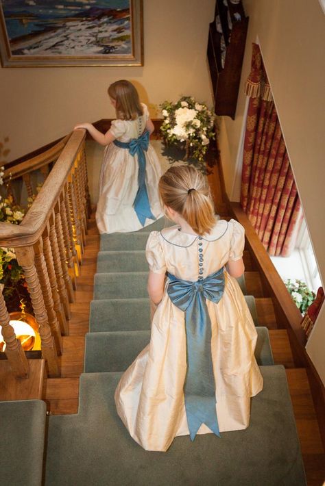 Orissa silk flower girls dresses with Peter Pan collar, cornflower blue bows, sashes, buttons and piping. www.firstlightweddings.co.uk Colorful Flower Girl Dresses, Flower Girls Dresses, Bespoke Wedding Dress, Frocks For Girls, Bespoke Wedding, Dreamy Wedding, Silk Flower, Cornflower Blue, Flower Girls