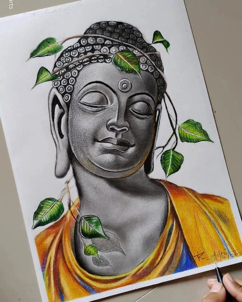 Hyperrealistic drawing made by only graphite pencils and Doms soft colour pencil Colour Sketches Drawing, Art With Pencil Colours, Sketch Colour Drawing, Buddha Pencil Sketch, Pencil Color Sketches, Drawing Of Buddha, Realistic Colour Pencil Drawings, Colour Pencil Art Drawings, Colour Pencil Art Sketches